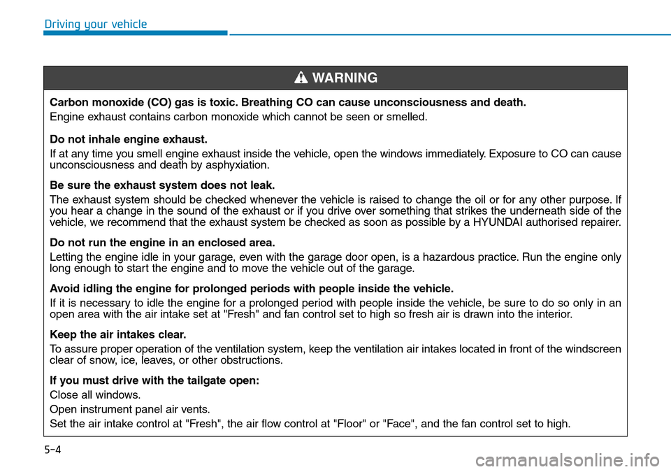 Hyundai Santa Fe 2019  Owners Manual - RHD (UK, Australia) 5-4
Driving your vehicle
Carbon monoxide (CO) gas is toxic. Breathing CO can cause unconsciousness and death.
Engine exhaust contains carbon monoxide which cannot be seen or smelled.
Do not inhale eng