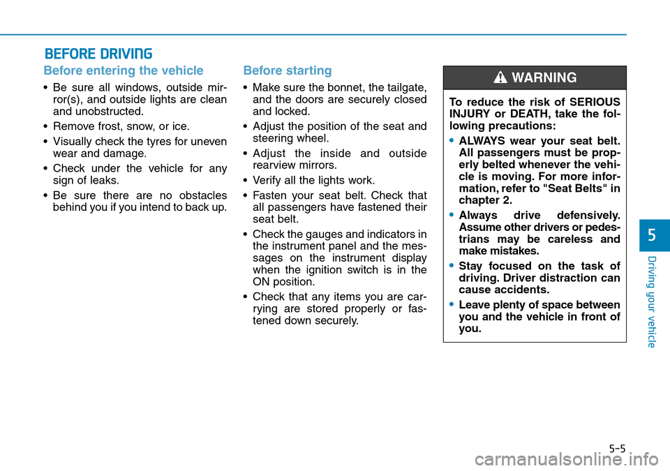 Hyundai Santa Fe 2019  Owners Manual - RHD (UK, Australia) 5-5
Driving your vehicle
5
Before entering the vehicle 
• Be sure all windows, outside mir-
ror(s), and outside lights are clean
and unobstructed.
• Remove frost, snow, or ice.
• Visually check 