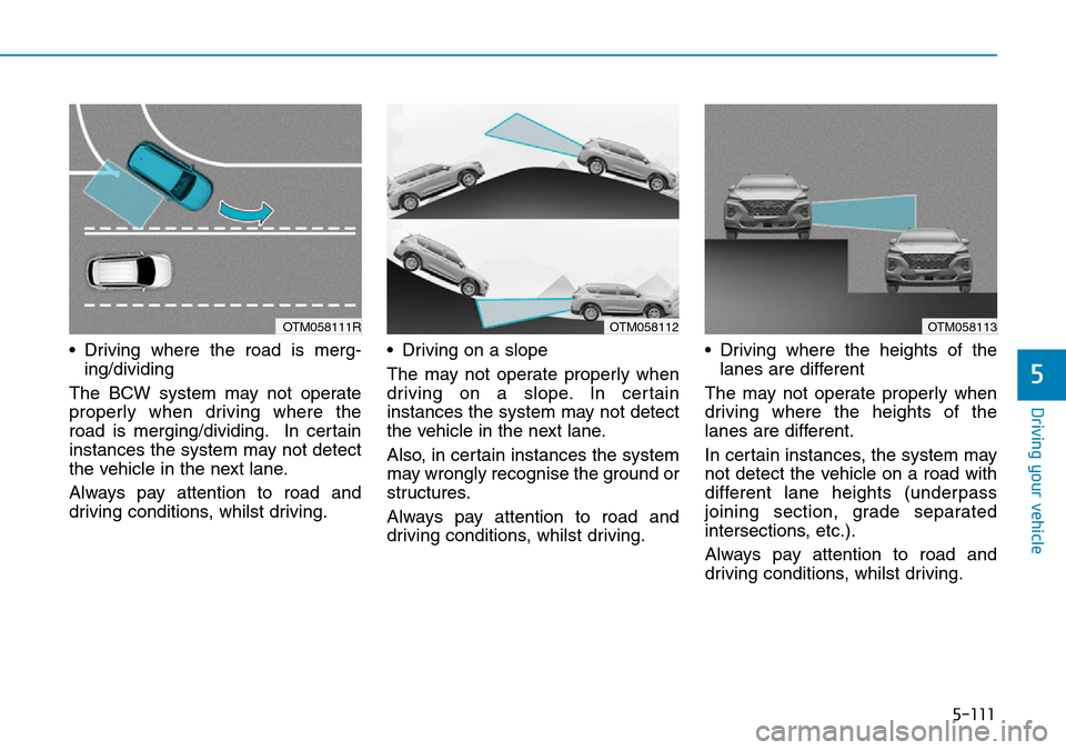 Hyundai Santa Fe 2019  Owners Manual - RHD (UK, Australia) 5-111
Driving your vehicle
• Driving where the road is merg-
ing/dividing
The BCW system may not operate
properly when driving where the
road is merging/dividing. In certain
instances the system may Hyundai Santa Fe 2019  Owners Manual - RHD (UK, Australia) 5-111
Driving your vehicle
• Driving where the road is merg-
ing/dividing
The BCW system may not operate
properly when driving where the
road is merging/dividing. In certain
instances the system may