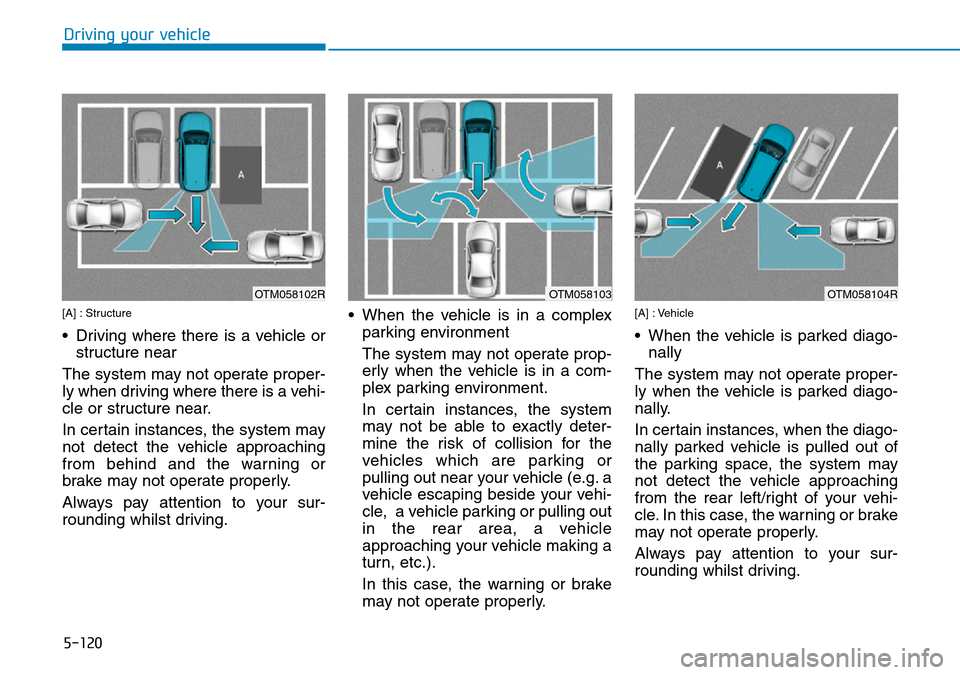 Hyundai Santa Fe 2019   - RHD (UK, Australia) Service Manual 5-120
[A] : Structure
• Driving where there is a vehicle or
structure near
The system may not operate proper-
ly when driving where there is a vehi-
cle or structure near.
In certain instances, the 