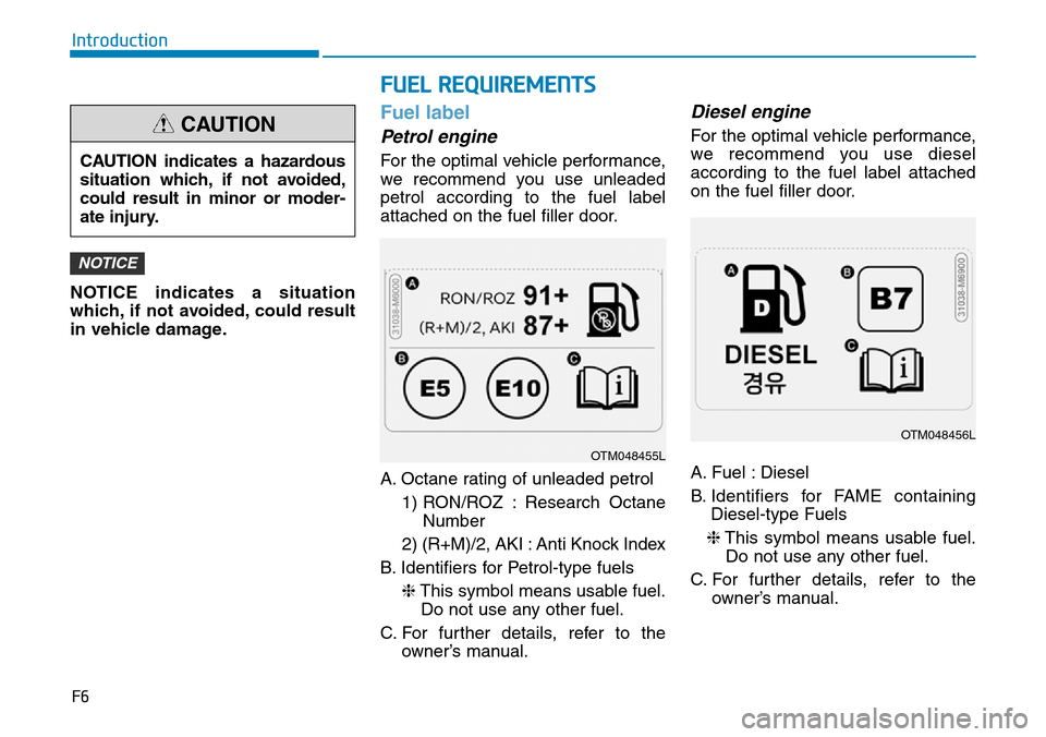 Hyundai Santa Fe 2019 Owners Manual - RHD (UK, Australia) F6
Introduction
NOTICE indicates a situation
which, if not avoided, could result
in vehicle damage.
Fuel label
Petrol engine
For the optimal vehicle performance,
we recommend you use unleaded
petrol a Hyundai Santa Fe 2019 Owners Manual - RHD (UK, Australia) F6
Introduction
NOTICE indicates a situation
which, if not avoided, could result
in vehicle damage.
Fuel label
Petrol engine
For the optimal vehicle performance,
we recommend you use unleaded
petrol a