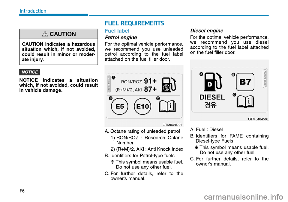 Hyundai Santa Fe 2019  Owners Manual - RHD (UK, Australia) F6
Introduction
NOTICE indicates a situation
which, if not avoided, could result
in vehicle damage.
Fuel label
Petrol engine
For the optimal vehicle performance,
we recommend you use unleaded
petrol a