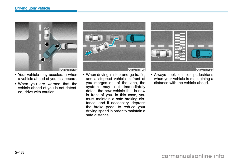 Hyundai Santa Fe 2019  Owners Manual - RHD (UK, Australia) 5-188
Driving your vehicle
• Your vehicle may accelerate when
a vehicle ahead of you disappears.
• When you are warned that the
vehicle ahead of you is not detect-
ed, drive with caution.• When  Hyundai Santa Fe 2019  Owners Manual - RHD (UK, Australia) 5-188
Driving your vehicle
• Your vehicle may accelerate when
a vehicle ahead of you disappears.
• When you are warned that the
vehicle ahead of you is not detect-
ed, drive with caution.• When