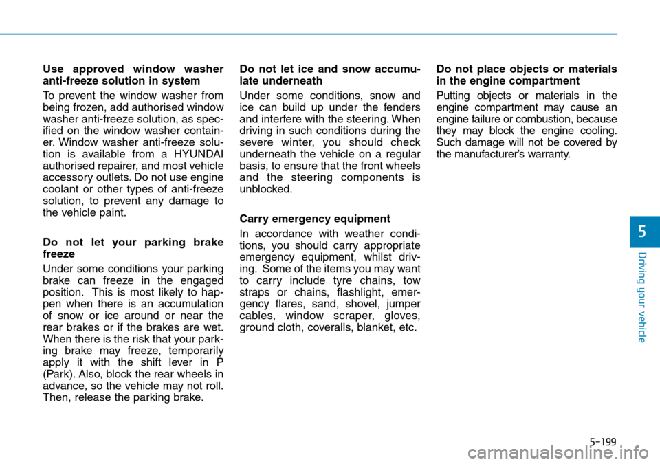 Hyundai Santa Fe 2019   - RHD (UK, Australia) User Guide 5-199
Driving your vehicle
5
Use approved window washer
anti-freeze solution in system
To prevent the window washer from
being frozen, add authorised window
washer anti-freeze solution, as spec-
ified