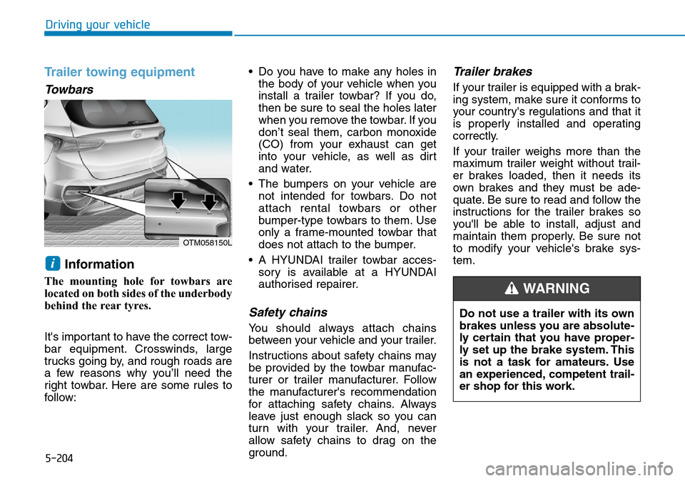 Hyundai Santa Fe 2019  Owners Manual - RHD (UK, Australia) 5-204
Driving your vehicle
Trailer towing equipment
Towbars 
Information 
The mounting hole for towbars are
located on both sides of the underbody
behind the rear tyres.
Its important to have the cor Hyundai Santa Fe 2019  Owners Manual - RHD (UK, Australia) 5-204
Driving your vehicle
Trailer towing equipment
Towbars 
Information 
The mounting hole for towbars are
located on both sides of the underbody
behind the rear tyres.
Its important to have the cor