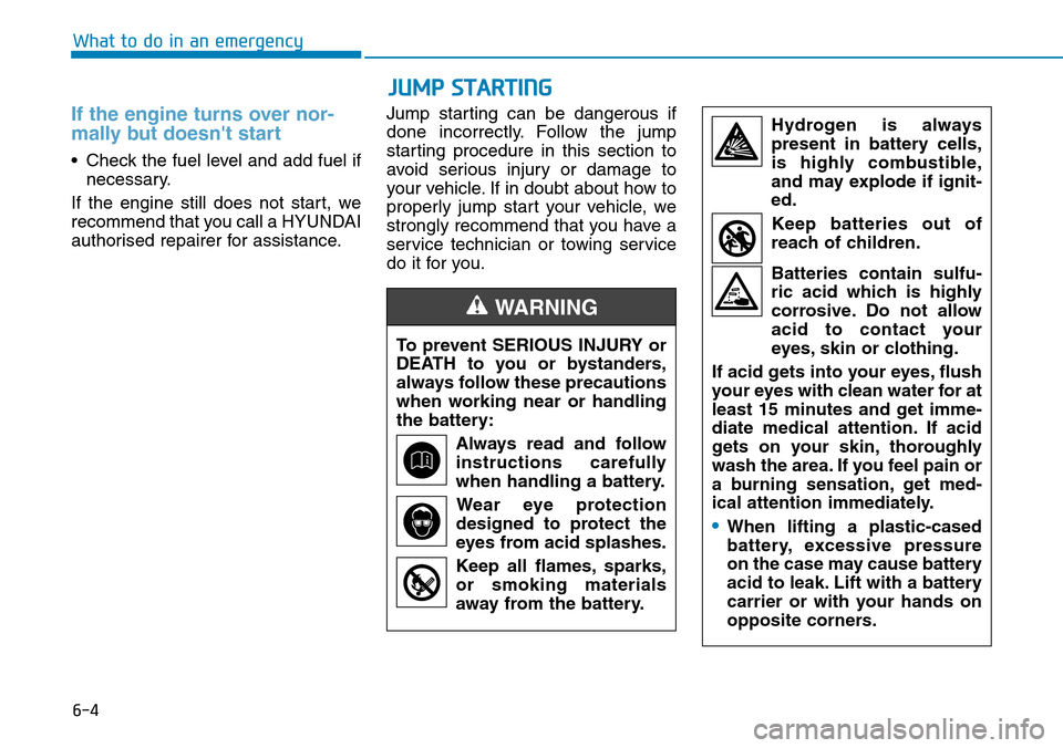 Hyundai Santa Fe 2019  Owners Manual - RHD (UK, Australia) 6-4
What to do in an emergency
If the engine turns over nor-
mally but doesnt start 
• Check the fuel level and add fuel if
necessary.
If the engine still does not start, we
recommend that you call Hyundai Santa Fe 2019  Owners Manual - RHD (UK, Australia) 6-4
What to do in an emergency
If the engine turns over nor-
mally but doesnt start 
• Check the fuel level and add fuel if
necessary.
If the engine still does not start, we
recommend that you call