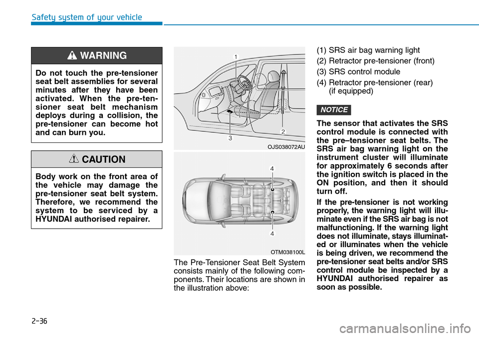 Hyundai Santa Fe 2019  Owners Manual - RHD (UK, Australia) 2-36
Safety system of your vehicle
The Pre-Tensioner Seat Belt System
consists mainly of the following com-
ponents. Their locations are shown in
the illustration above:(1) SRS air bag warning light
(