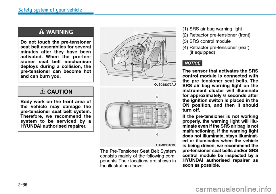 Hyundai Santa Fe 2019 - RHD (UK, Australia) Workshop Manual 2-36
Safety system of your vehicle
The Pre-Tensioner Seat Belt System
consists mainly of the following com-
ponents. Their locations are shown in
the illustration above:(1) SRS air bag warning light
( Hyundai Santa Fe 2019 - RHD (UK, Australia) Workshop Manual 2-36
Safety system of your vehicle
The Pre-Tensioner Seat Belt System
consists mainly of the following com-
ponents. Their locations are shown in
the illustration above:(1) SRS air bag warning light
(