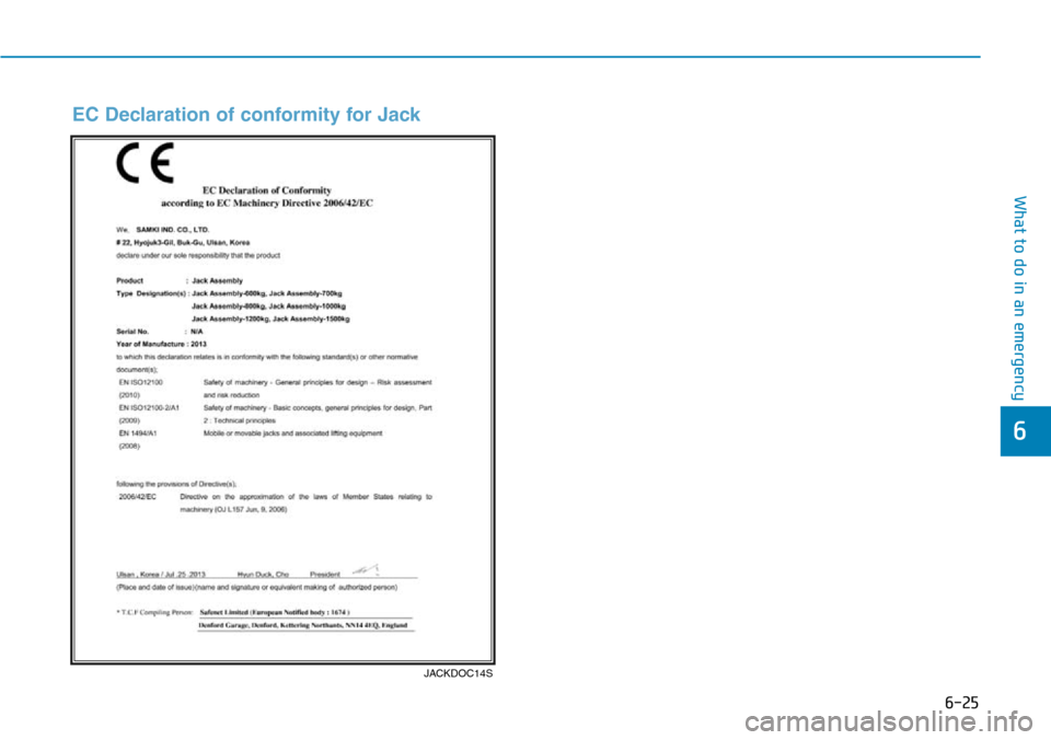 Hyundai Santa Fe 2019  Owners Manual - RHD (UK, Australia) 6-25
What to do in an emergency
6
JACKDOC14S
EC Declaration of conformity for Jack  Hyundai Santa Fe 2019  Owners Manual - RHD (UK, Australia) 6-25
What to do in an emergency
6
JACKDOC14S
EC Declaration of conformity for Jack