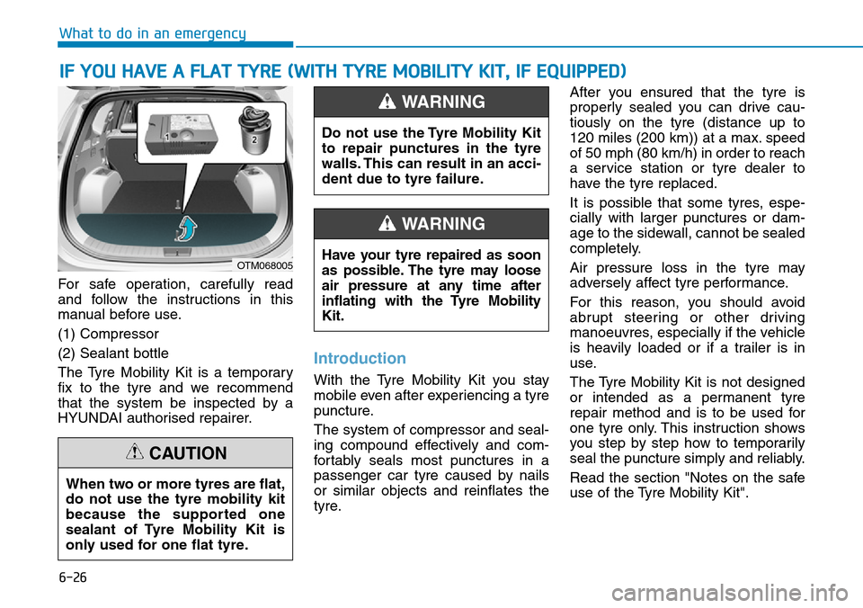 Hyundai Santa Fe 2019  Owners Manual - RHD (UK, Australia) 6-26
What to do in an emergency
For safe operation, carefully read
and follow the instructions in this
manual before use.
(1) Compressor
(2) Sealant bottle
The Tyre Mobility Kit is a temporary
fix to  Hyundai Santa Fe 2019  Owners Manual - RHD (UK, Australia) 6-26
What to do in an emergency
For safe operation, carefully read
and follow the instructions in this
manual before use.
(1) Compressor
(2) Sealant bottle
The Tyre Mobility Kit is a temporary
fix to