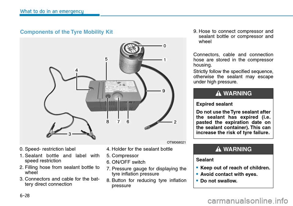Hyundai Santa Fe 2019  Owners Manual - RHD (UK, Australia) 6-28
What to do in an emergency
0. Speed- restriction label
1. Sealant bottle and label with
speed restriction
2. Filling hose from sealant bottle to
wheel
3. Connectors and cable for the bat-
tery di Hyundai Santa Fe 2019  Owners Manual - RHD (UK, Australia) 6-28
What to do in an emergency
0. Speed- restriction label
1. Sealant bottle and label with
speed restriction
2. Filling hose from sealant bottle to
wheel
3. Connectors and cable for the bat-
tery di
