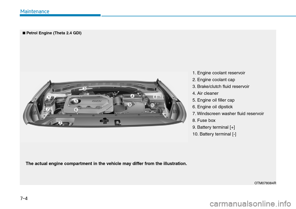 Hyundai Santa Fe 2019  Owners Manual - RHD (UK, Australia) 7-4
Maintenance
1. Engine coolant reservoir
2. Engine coolant cap
3. Brake/clutch fluid reservoir
4. Air cleaner
5. Engine oil filler cap
6. Engine oil dipstick
7. Windscreen washer fluid reservoir
8. Hyundai Santa Fe 2019  Owners Manual - RHD (UK, Australia) 7-4
Maintenance
1. Engine coolant reservoir
2. Engine coolant cap
3. Brake/clutch fluid reservoir
4. Air cleaner
5. Engine oil filler cap
6. Engine oil dipstick
7. Windscreen washer fluid reservoir
8.