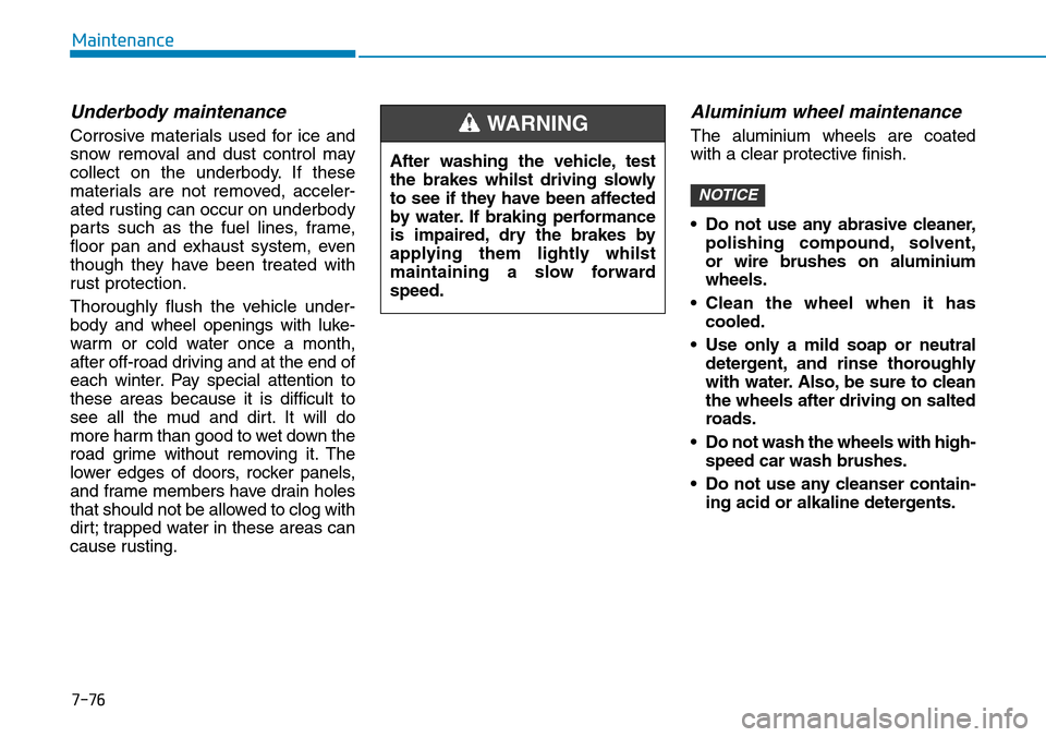 Hyundai Santa Fe 2019  Owners Manual - RHD (UK, Australia) 7-76
Maintenance
Underbody maintenance
Corrosive materials used for ice and
snow removal and dust control may
collect on the underbody. If these
materials are not removed, acceler-
ated rusting can oc