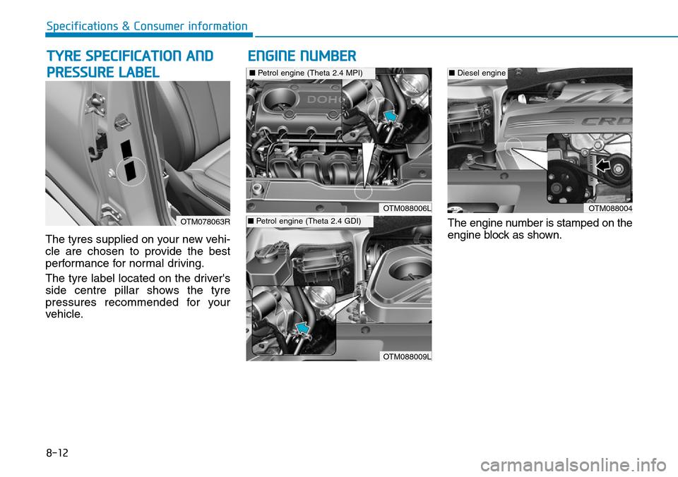 Hyundai Santa Fe 2019 Owners Manual - RHD (UK, Australia) 8-12
Specifications & Consumer information
The tyres supplied on your new vehi-
cle are chosen to provide the best
performance for normal driving.
The tyre label located on the drivers
side centre pi Hyundai Santa Fe 2019 Owners Manual - RHD (UK, Australia) 8-12
Specifications & Consumer information
The tyres supplied on your new vehi-
cle are chosen to provide the best
performance for normal driving.
The tyre label located on the drivers
side centre pi