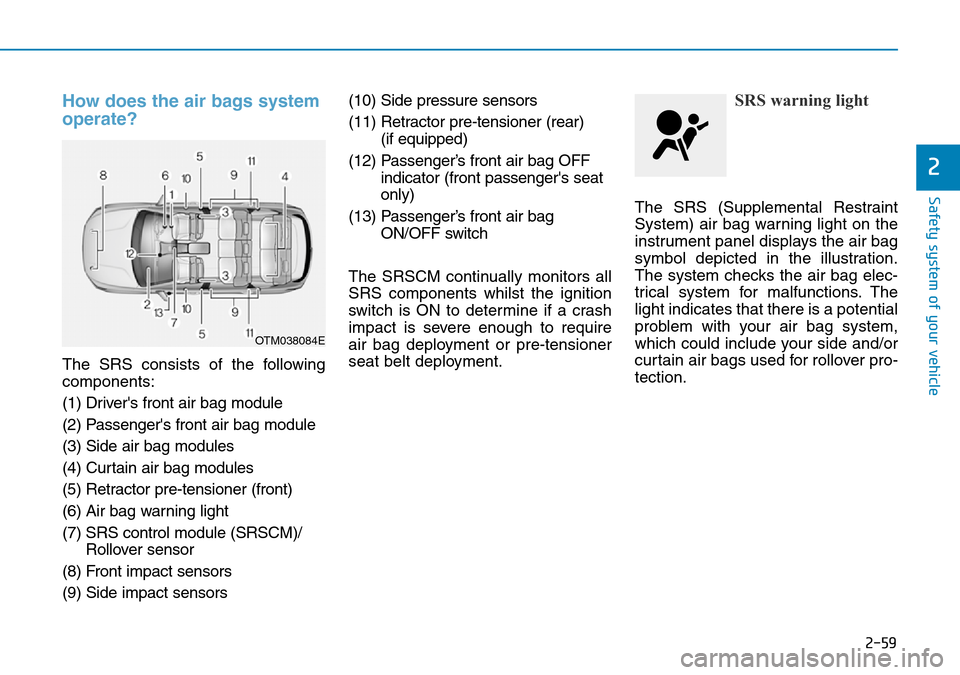 Hyundai Santa Fe 2019 - RHD (UK, Australia) Manual PDF 2-59
Safety system of your vehicle
2
How does the air bags system
operate?
The SRS consists of the following
components:
(1) Drivers front air bag module
(2) Passengers front air bag module
(3) Sid Hyundai Santa Fe 2019 - RHD (UK, Australia) Manual PDF 2-59
Safety system of your vehicle
2
How does the air bags system
operate?
The SRS consists of the following
components:
(1) Drivers front air bag module
(2) Passengers front air bag module
(3) Sid