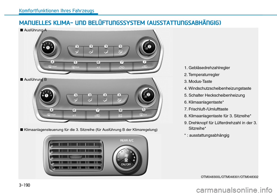 Hyundai Santa Fe 2019  Betriebsanleitung (in German) 3-190
Komfortfunktionen Ihres Fahrzeugs
MANUELLES KLIMA- UND BELÜFTUNGSSYSTEM (AUSSTATTUNGSABHÄNGIG)
OTM048300L/OTM048301/OTM048302
1. Gebläsedrehzahlregler
2. Temperaturregler
3. Modus-Taste
4. Wi Hyundai Santa Fe 2019  Betriebsanleitung (in German) 3-190
Komfortfunktionen Ihres Fahrzeugs
MANUELLES KLIMA- UND BELÜFTUNGSSYSTEM (AUSSTATTUNGSABHÄNGIG)
OTM048300L/OTM048301/OTM048302
1. Gebläsedrehzahlregler
2. Temperaturregler
3. Modus-Taste
4. Wi