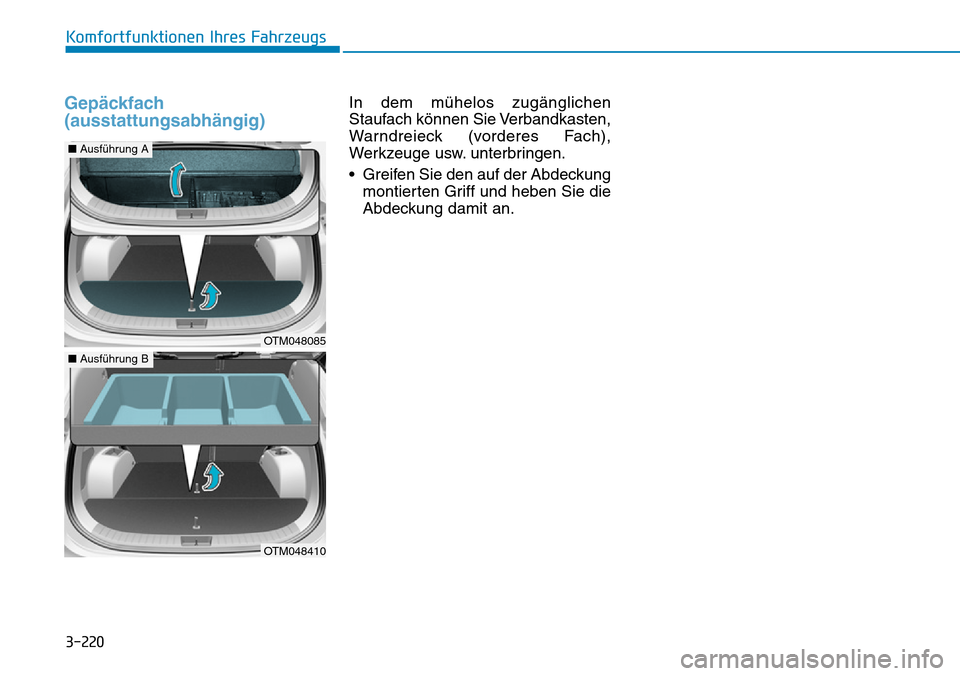 Hyundai Santa Fe 2019 Betriebsanleitung (in German) 3-220
Komfortfunktionen Ihres Fahrzeugs
Gepäckfach
(ausstattungsabhängig)In dem mühelos zugänglichen
Staufach können Sie Verbandkasten,
Warndreieck (vorderes Fach),
Werkzeuge usw. unterbringen.
â Hyundai Santa Fe 2019 Betriebsanleitung (in German) 3-220
Komfortfunktionen Ihres Fahrzeugs
Gepäckfach
(ausstattungsabhängig)In dem mühelos zugänglichen
Staufach können Sie Verbandkasten,
Warndreieck (vorderes Fach),
Werkzeuge usw. unterbringen.
â