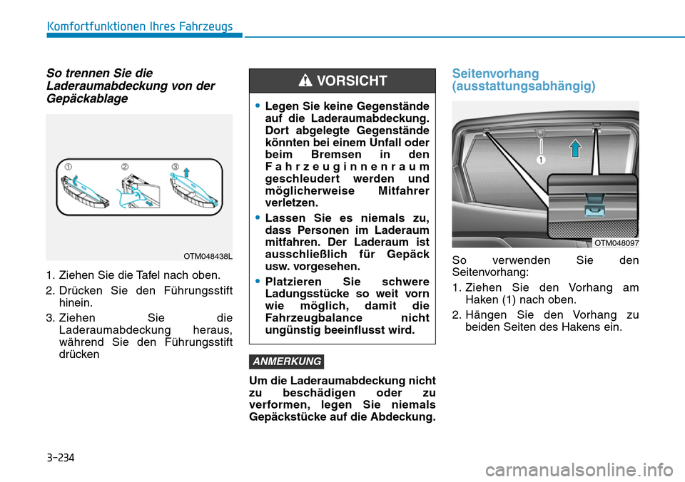 Hyundai Santa Fe 2019  Betriebsanleitung (in German) 3-234
Komfortfunktionen Ihres Fahrzeugs
So trennen Sie die
Laderaumabdeckung von der
Gepäckablage
1. Ziehen Sie die Tafel nach oben.
2. Drücken Sie den Führungsstift
hinein.
3. Ziehen Sie die
Lader