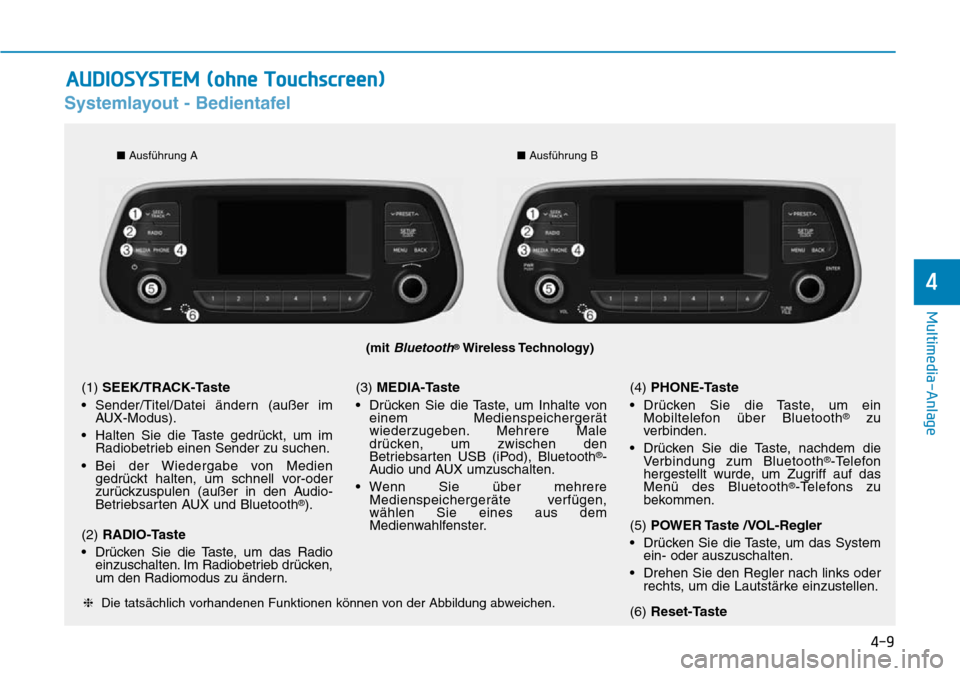 Hyundai Santa Fe 2019  Betriebsanleitung (in German) 4-9
Multimedia-Anlage
4
Systemlayout - Bedientafel
(mit Bluetooth®Wireless Technology)
❈Die tatsächlich vorhandenen Funktionen können von der Abbildung abweichen.
(1) SEEK/TRACK-Taste
• Sender/