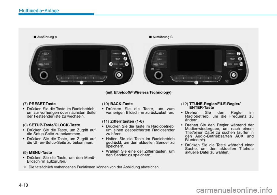 Hyundai Santa Fe 2019  Betriebsanleitung (in German) 4-10
Multimedia-Anlage
(mit Bluetooth®Wireless Technology)
■Ausführung A■Ausführung B
❈Die tatsächlich vorhandenen Funktionen können von der Abbildung abweichen.
(7) PRESET-Taste
• Drück
