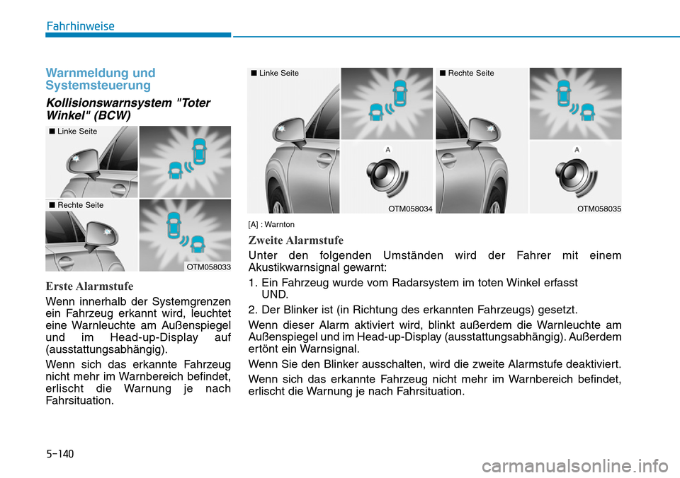 Hyundai Santa Fe 2019  Betriebsanleitung (in German) 5-140
Fahrhinweise
Warnmeldung und
Systemsteuerung
Kollisionswarnsystem "Toter
Winkel" (BCW)
Erste Alarmstufe
Wenn innerhalb der Systemgrenzen
ein Fahrzeug erkannt wird, leuchtet
eine Warnleuchte am A