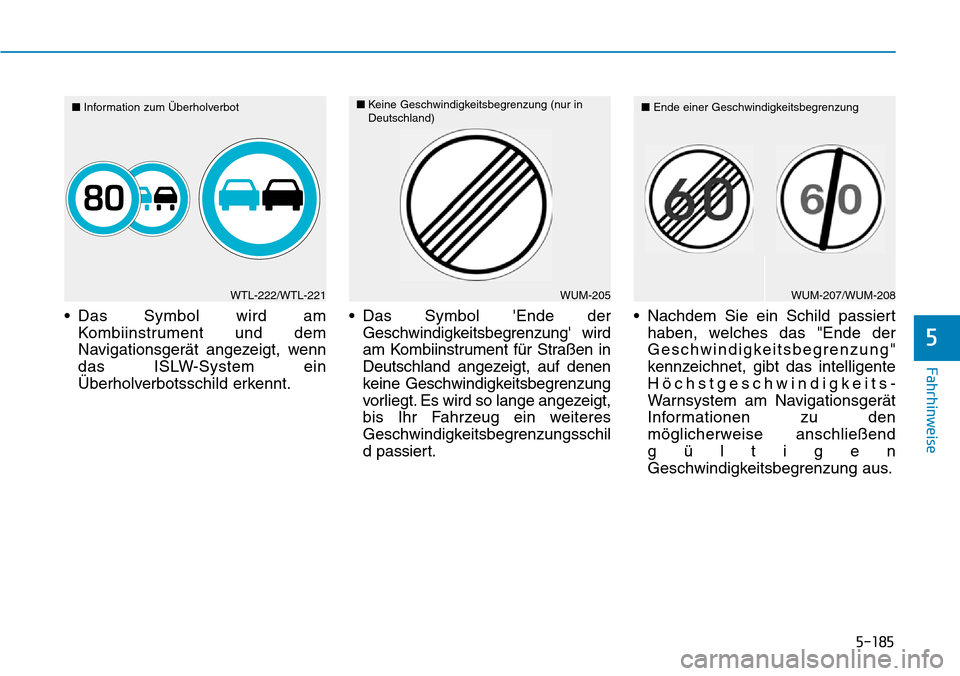 Hyundai Santa Fe 2019  Betriebsanleitung (in German) 5-185
Fahrhinweise
5
• Das Symbol wird am
Kombiinstrument und dem
Navigationsgerät angezeigt, wenn
das ISLW-System ein
Überholverbotsschild erkennt.• Das Symbol Ende der
Geschwindigkeitsbegrenz