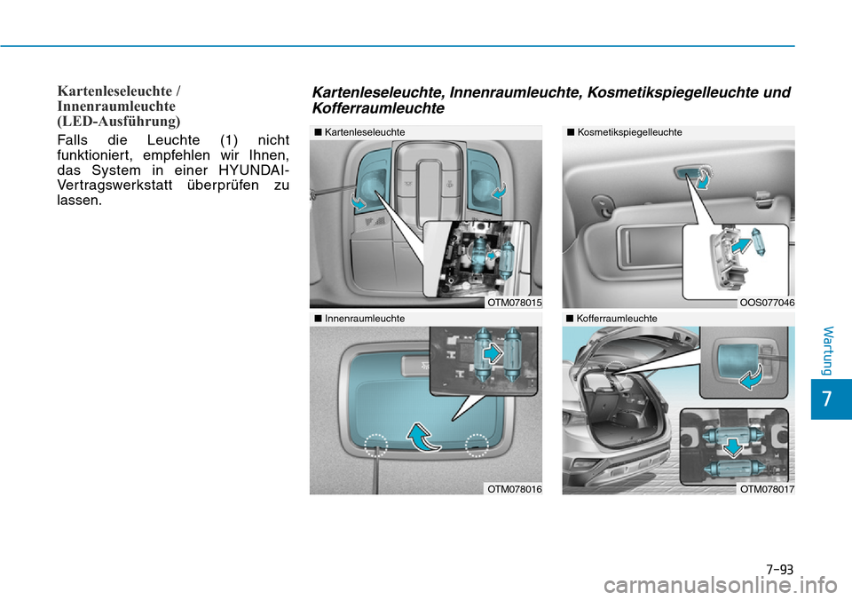 Hyundai Santa Fe 2019 Betriebsanleitung (in German) Kartenleseleuchte /
Innenraumleuchte
(LED-Ausführung)
Falls die Leuchte (1) nicht
funktioniert, empfehlen wir Ihnen,
das System in einer HYUNDAI-
Vertragswerkstatt überprüfen zu
lassen.
7-93
7
War Hyundai Santa Fe 2019 Betriebsanleitung (in German) Kartenleseleuchte /
Innenraumleuchte
(LED-Ausführung)
Falls die Leuchte (1) nicht
funktioniert, empfehlen wir Ihnen,
das System in einer HYUNDAI-
Vertragswerkstatt überprüfen zu
lassen.
7-93
7
War