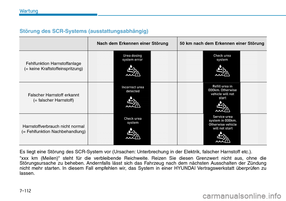 Hyundai Santa Fe 2019 Betriebsanleitung (in German) 7-112
Wartung
Störung des SCR-Systems (ausstattungsabhängig)
Es liegt eine Störung des SCR-System vor (Ursachen: Unterbrechung in der Elektrik, falscher Harnstoff etc.).
"xxx km (Meilen)" steht fü Hyundai Santa Fe 2019 Betriebsanleitung (in German) 7-112
Wartung
Störung des SCR-Systems (ausstattungsabhängig)
Es liegt eine Störung des SCR-System vor (Ursachen: Unterbrechung in der Elektrik, falscher Harnstoff etc.).
"xxx km (Meilen)" steht fü