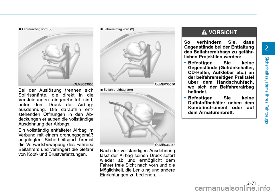 Hyundai Santa Fe 2019  Betriebsanleitung (in German) 2-71
Sicherheitssysteme Ihres Fahrzeugs
2
Bei der Auslösung trennen sich
Sollrissnähte, die direkt in die
Verkleidungen eingearbeitet sind,
unter dem Druck der Airbag-
ausdehnung. Die daraufhin ent-