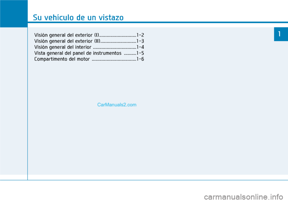 Hyundai Santa Fe 2019 Manual del propietario (in Spanish) Su vehículo de un vistazo
1
Su vehículo de un vistazo
1Visión general del exterior (I)..............................1-2
Visión general del exterior (II).............................1-3
Visión gen Hyundai Santa Fe 2019 Manual del propietario (in Spanish) Su vehículo de un vistazo
1
Su vehículo de un vistazo
1Visión general del exterior (I)..............................1-2
Visión general del exterior (II).............................1-3
Visión gen