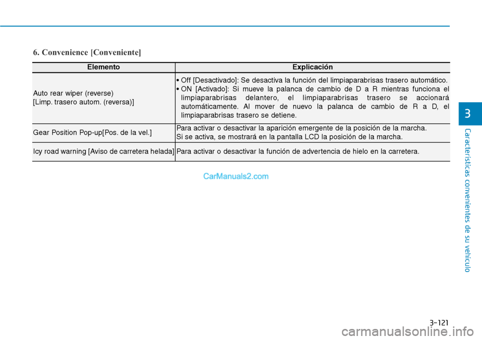 Hyundai Santa Fe 2019  Manual del propietario (in Spanish) 3-121
Características convenientes de su vehículo
3
6. Convenience [Conveniente]
ElementoExplicación
Auto rear wiper (reverse) 
[Limp. trasero autom. (reversa)]
• Off [Desactivado]: Se desactiva 
