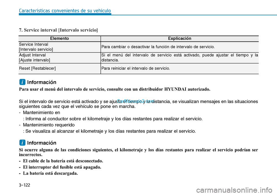 Hyundai Santa Fe 2019  Manual del propietario (in Spanish) 3-122
Características convenientes de su vehículo
7. Service interval [Intervalo servicio]
ElementoExplicación
Service Interval
[Intervalo servicio]Para cambiar o desactivar la función de interval