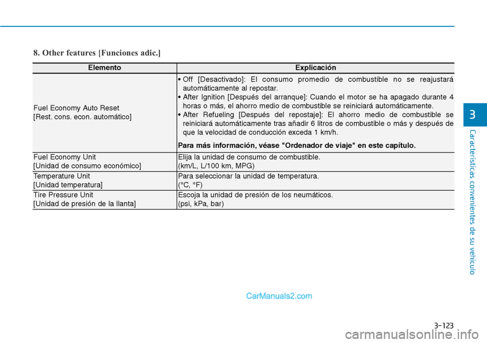 Hyundai Santa Fe 2019  Manual del propietario (in Spanish) 3-123
Características convenientes de su vehículo
3
8. Other features [Funciones adic.]
ElementoExplicación
Fuel Economy Auto Reset
[Rest. cons. econ. automático]
• Off [Desactivado]: El consumo