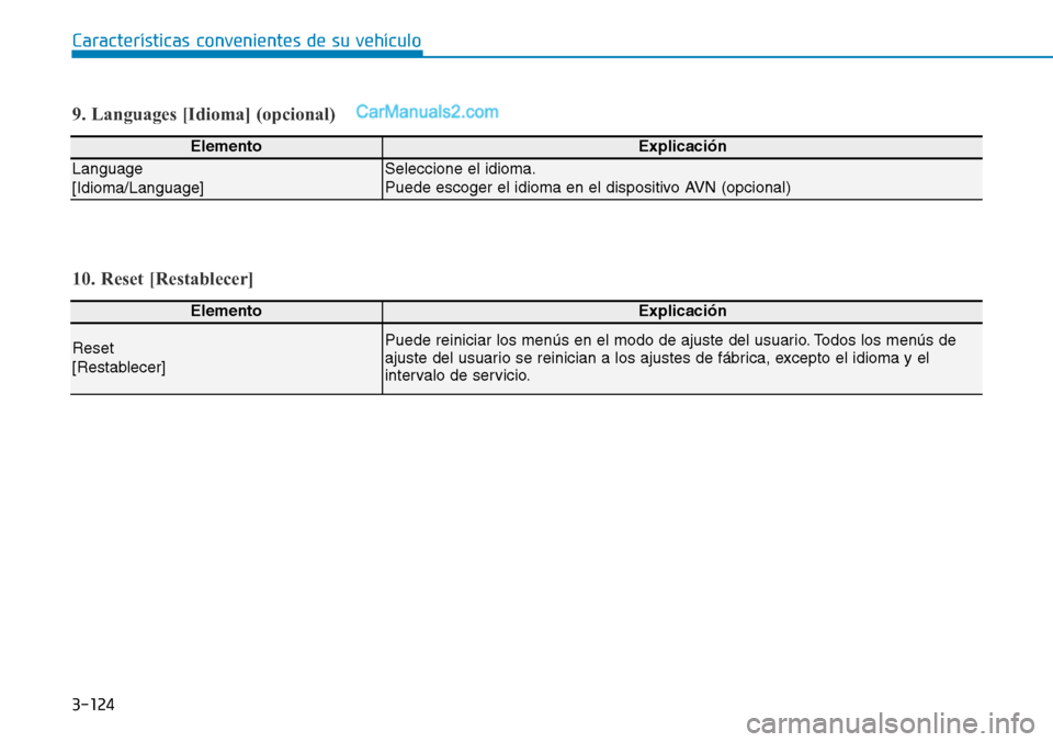 Hyundai Santa Fe 2019  Manual del propietario (in Spanish) 3-124
Características convenientes de su vehículo
9. Languages [Idioma] (opcional)
ElementoExplicación
Language
[Idioma/Language]Seleccione el idioma.
Puede escoger el idioma en el dispositivo AVN 