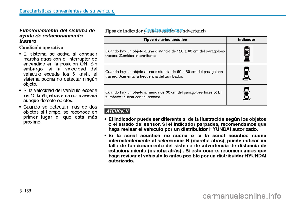 Hyundai Santa Fe 2019  Manual del propietario (in Spanish) 3-158
Características convenientes de su vehículo
Funcionamiento del sistema de
ayuda de estacionamiento
trasero
Condición operativa
• El sistema se activa al conducir
marcha atrás con el interr