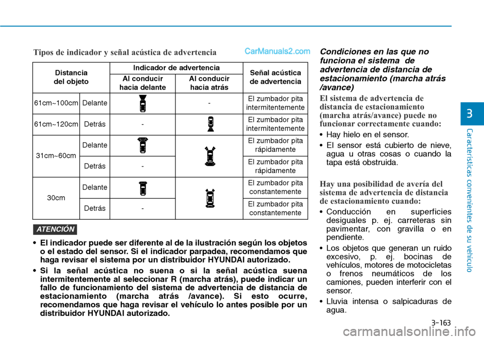 Hyundai Santa Fe 2019  Manual del propietario (in Spanish) 3-163
Características convenientes de su vehículo
3
Condiciones en las que no
funciona el sistema  de
advertencia de distancia de
estacionamiento (marcha atrás
/avance)
El sistema de advertencia de