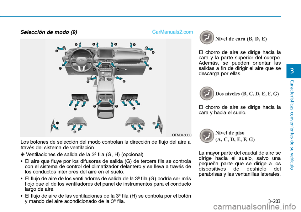 Hyundai Santa Fe 2019  Manual del propietario (in Spanish) 3-203
Características convenientes de su vehículo
3
Selección de modo (9)
Nivel de cara (B, D, E)
El chorro de aire se dirige hacia la
cara y la parte superior del cuerpo.
Además, se pueden orient Hyundai Santa Fe 2019  Manual del propietario (in Spanish) 3-203
Características convenientes de su vehículo
3
Selección de modo (9)
Nivel de cara (B, D, E)
El chorro de aire se dirige hacia la
cara y la parte superior del cuerpo.
Además, se pueden orient