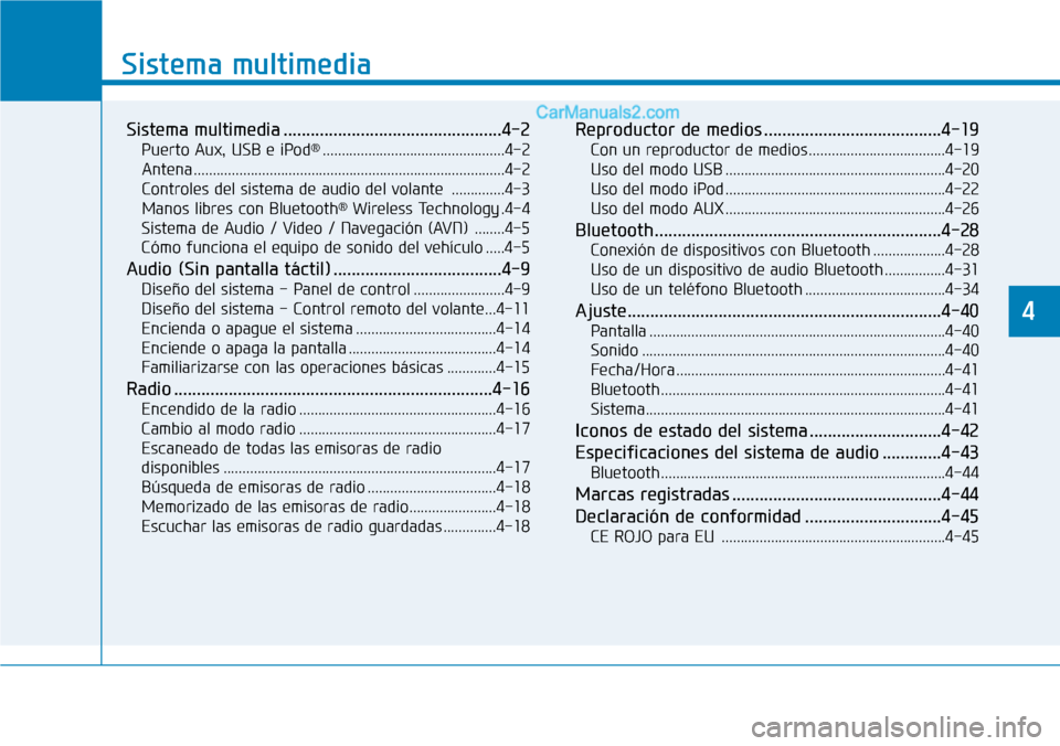 Hyundai Santa Fe 2019 Manual del propietario (in Spanish) Sistema multimedia
Sistema multimedia ................................................4-2
Puerto Aux, USB e iPod®................................................4-2
Antena ........................... Hyundai Santa Fe 2019 Manual del propietario (in Spanish) Sistema multimedia
Sistema multimedia ................................................4-2
Puerto Aux, USB e iPod®................................................4-2
Antena ...........................