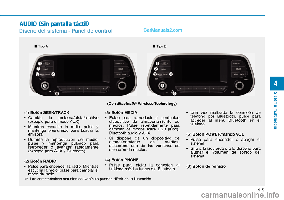 Hyundai Santa Fe 2019 Manual del propietario (in Spanish) 4-9
Sistema multimedia
4
Diseño del sistema - Panel de control
(Con Bluetooth®Wireless Technology)
❈Las características actuales del vehículo pueden diferir de la ilustración.
(1) Botón SEEK/T Hyundai Santa Fe 2019 Manual del propietario (in Spanish) 4-9
Sistema multimedia
4
Diseño del sistema - Panel de control
(Con Bluetooth®Wireless Technology)
❈Las características actuales del vehículo pueden diferir de la ilustración.
(1) Botón SEEK/T