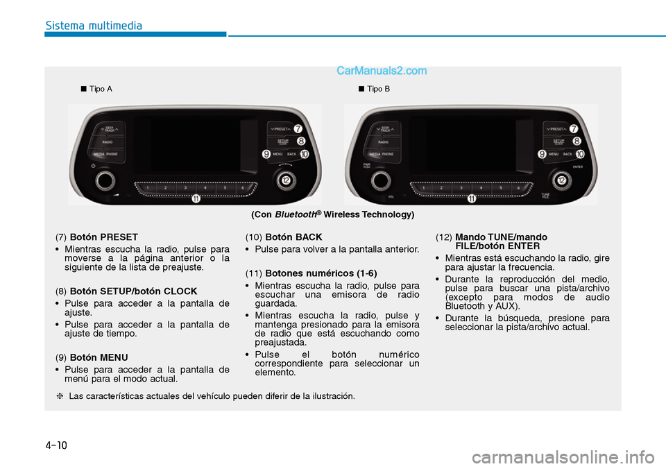 Hyundai Santa Fe 2019 Manual del propietario (in Spanish) 4-10
Sistema multimedia
(Con Bluetooth®Wireless Technology)
■Tipo A■Tipo B
❈Las características actuales del vehículo pueden diferir de la ilustración.
(7) Botón PRESET
• Mientras escucha Hyundai Santa Fe 2019 Manual del propietario (in Spanish) 4-10
Sistema multimedia
(Con Bluetooth®Wireless Technology)
■Tipo A■Tipo B
❈Las características actuales del vehículo pueden diferir de la ilustración.
(7) Botón PRESET
• Mientras escucha
