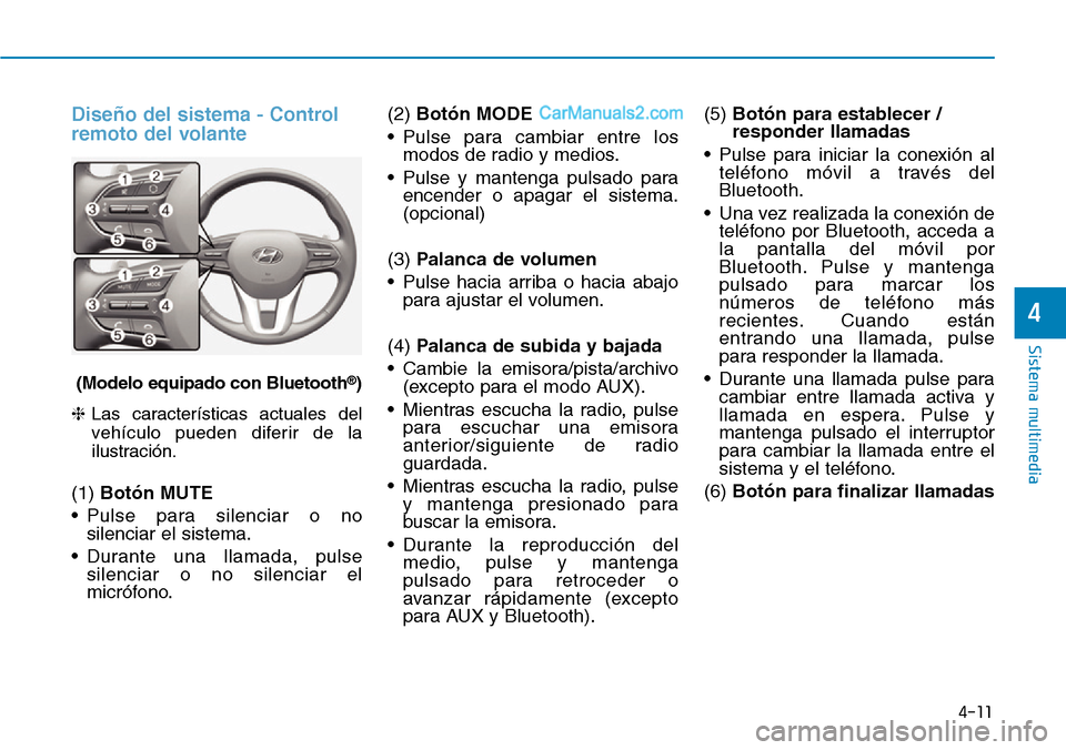 Hyundai Santa Fe 2019 Manual del propietario (in Spanish) 4-11
Sistema multimedia
4
Diseño del sistema - Control
remoto del volante
(Modelo equipado con Bluetooth®)
❈Las características actuales del
vehículo pueden diferir de la
ilustración.
(1) Botó Hyundai Santa Fe 2019 Manual del propietario (in Spanish) 4-11
Sistema multimedia
4
Diseño del sistema - Control
remoto del volante
(Modelo equipado con Bluetooth®)
❈Las características actuales del
vehículo pueden diferir de la
ilustración.
(1) Botó