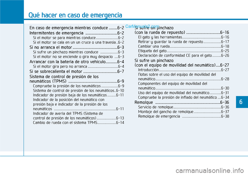 Hyundai Santa Fe 2019  Manual del propietario (in Spanish) Qué hacer en caso de emergencia
En caso de emergencia mientras conduce ........6-2
Intermitentes de emergencia  ..............................6-2
Si el motor se para mientras conduce ................