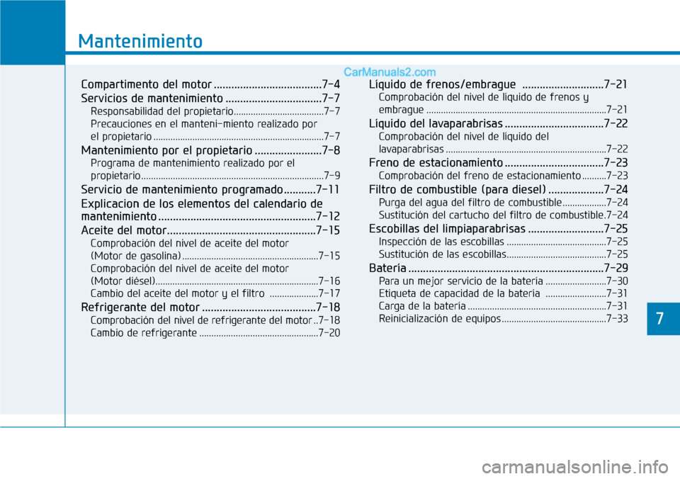 Hyundai Santa Fe 2019 Manual del propietario (in Spanish) 7
Mantenimiento
7
Mantenimiento
Compartimento del motor .....................................7-4
Servicios de mantenimiento .................................7-7
Responsabilidad del propietario........ Hyundai Santa Fe 2019 Manual del propietario (in Spanish) 7
Mantenimiento
7
Mantenimiento
Compartimento del motor .....................................7-4
Servicios de mantenimiento .................................7-7
Responsabilidad del propietario........