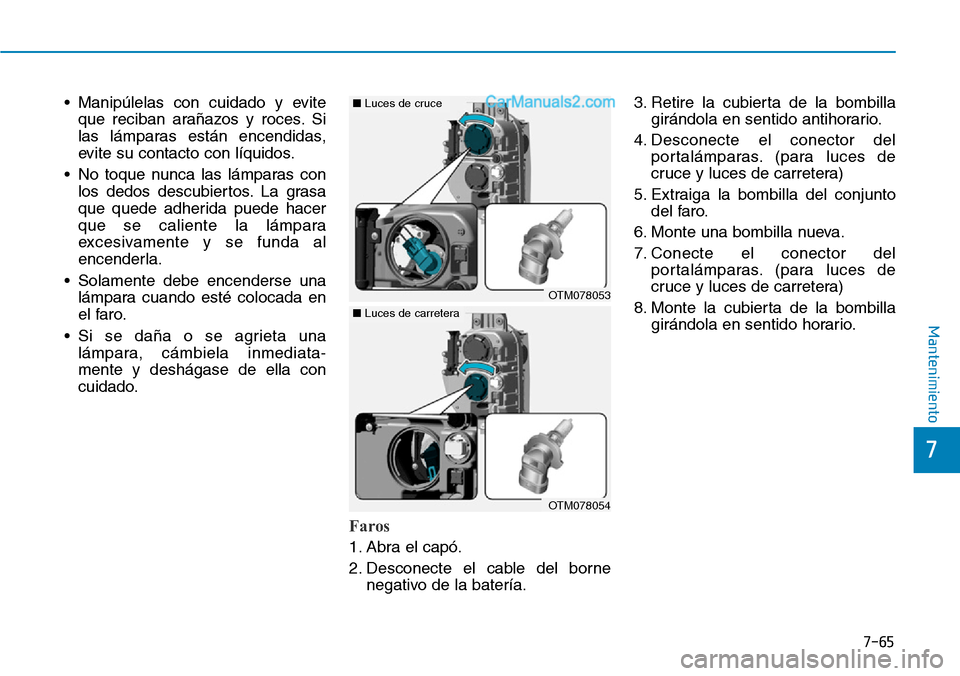 Hyundai Santa Fe 2019 Manual del propietario (in Spanish) 7-65
7
Mantenimiento
• Manipúlelas con cuidado y evite
que reciban arañazos y roces. Si
las lámparas están encendidas,
evite su contacto con líquidos.
• No toque nunca las lámparas con
los d Hyundai Santa Fe 2019 Manual del propietario (in Spanish) 7-65
7
Mantenimiento
• Manipúlelas con cuidado y evite
que reciban arañazos y roces. Si
las lámparas están encendidas,
evite su contacto con líquidos.
• No toque nunca las lámparas con
los d