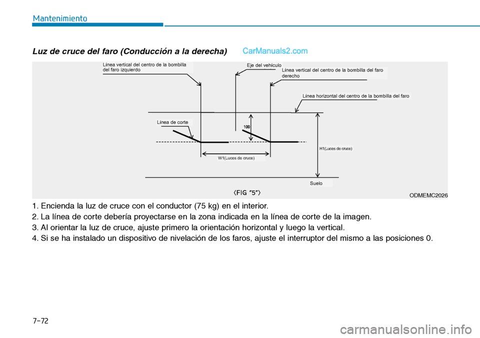 Hyundai Santa Fe 2019 Manual del propietario (in Spanish) 7-72
Mantenimiento
Luz de cruce del faro (Conducción a la derecha)
1. Encienda la luz de cruce con el conductor (75 kg) en el interior.
2. La línea de corte debería proyectarse en la zona indicada Hyundai Santa Fe 2019 Manual del propietario (in Spanish) 7-72
Mantenimiento
Luz de cruce del faro (Conducción a la derecha)
1. Encienda la luz de cruce con el conductor (75 kg) en el interior.
2. La línea de corte debería proyectarse en la zona indicada