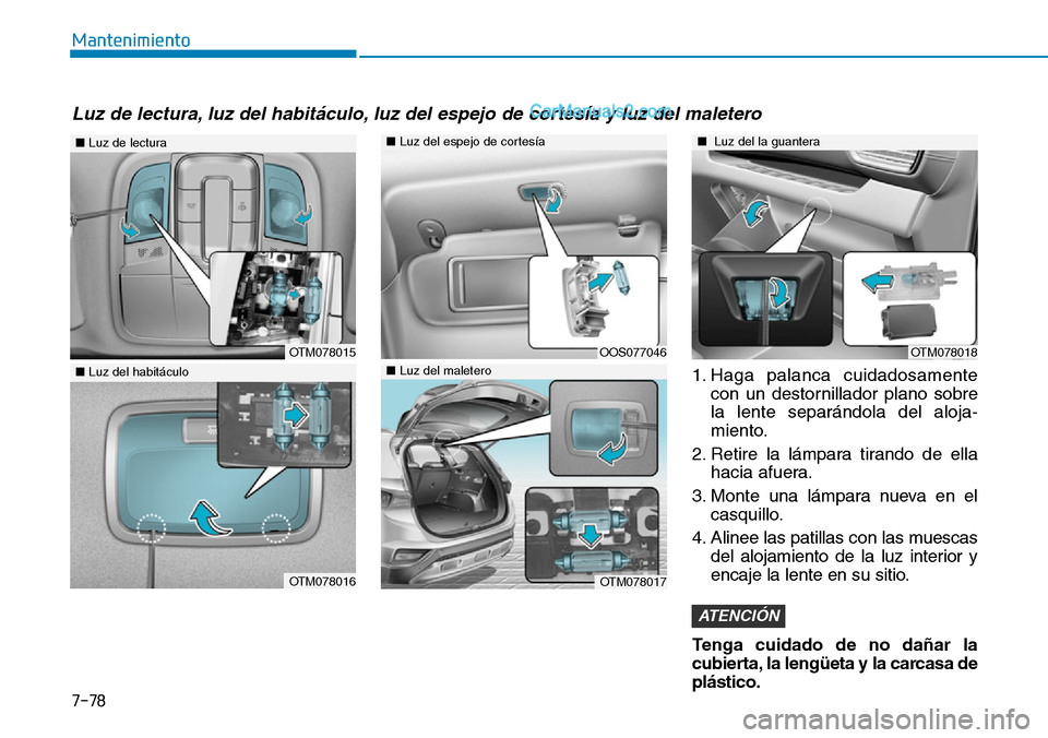 Hyundai Santa Fe 2019 Manual del propietario (in Spanish) 7-78
Mantenimiento
1. Haga palanca cuidadosamente
con un destornillador plano sobre
la lente separándola del aloja-
miento.
2. Retire la lámpara tirando de ella
hacia afuera.
3. Monte una lámpara n Hyundai Santa Fe 2019 Manual del propietario (in Spanish) 7-78
Mantenimiento
1. Haga palanca cuidadosamente
con un destornillador plano sobre
la lente separándola del aloja-
miento.
2. Retire la lámpara tirando de ella
hacia afuera.
3. Monte una lámpara n
