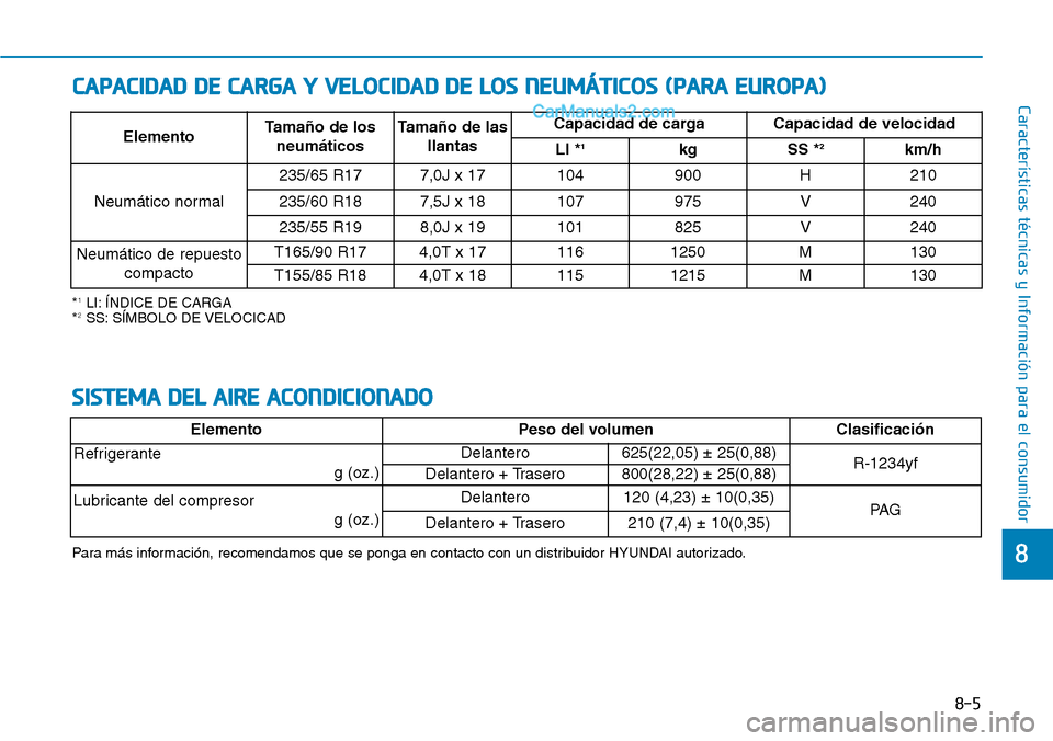 Hyundai Santa Fe 2019  Manual del propietario (in Spanish) 8-5
8
Características técnicas y Información para el consumidor
*1LI: ÍNDICE DE CARGA
*2SS: SÍMBOLO DE VELOCICAD
ElementoTamaño de los
neumáticosTamaño de las
llantasCapacidad de carga Capacid