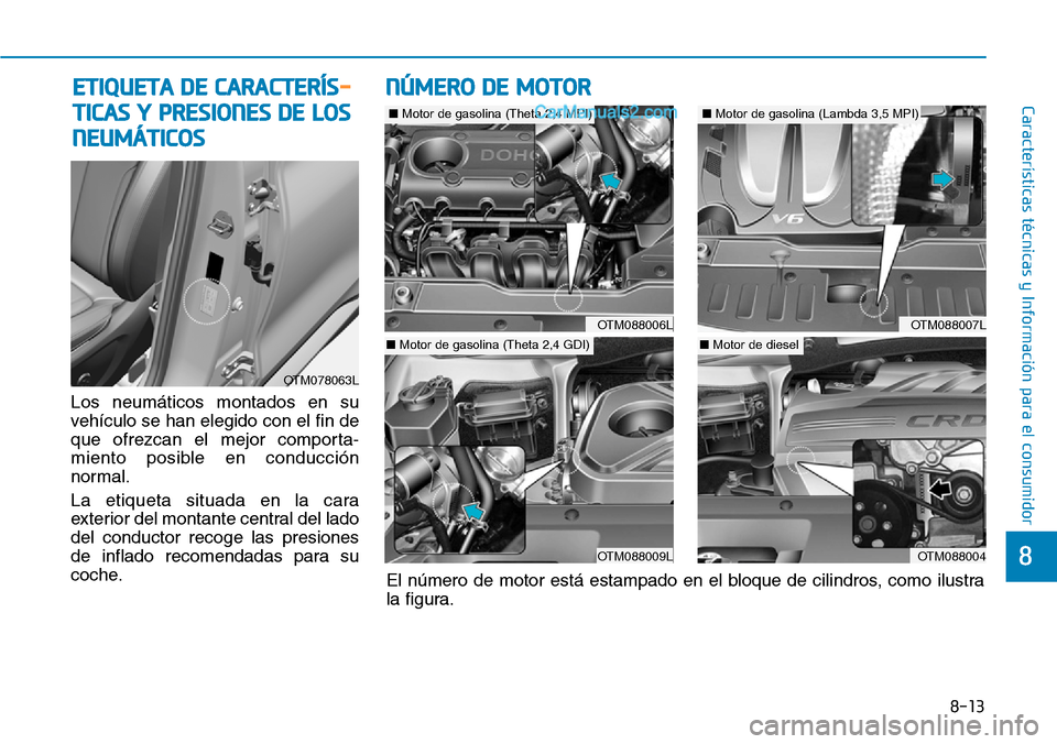 Hyundai Santa Fe 2019  Manual del propietario (in Spanish) 8-13
8
Características técnicas y Información para el consumidor
Los neumáticos montados en su
vehículo se han elegido con el fin de
que ofrezcan el mejor comporta-
miento posible en conducción
