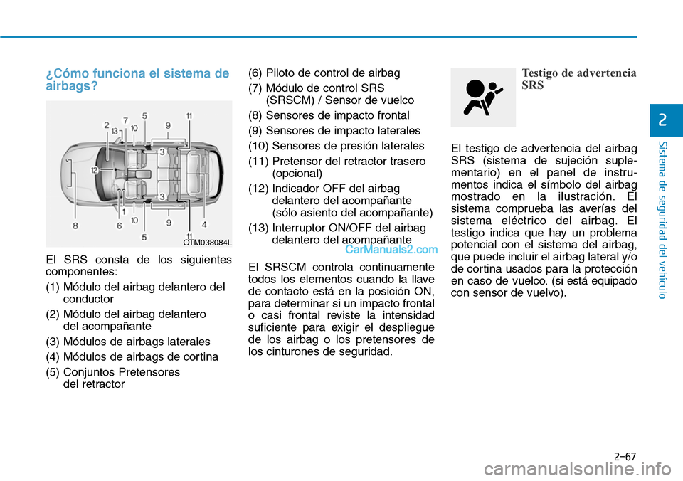Hyundai Santa Fe 2019  Manual del propietario (in Spanish) 2-67
Sistema de seguridad del vehículo
2
¿Cómo funciona el sistema de
airbags?
El SRS consta de los siguientes
componentes:
(1) Módulo del airbag delantero del
conductor
(2) Módulo del airbag del