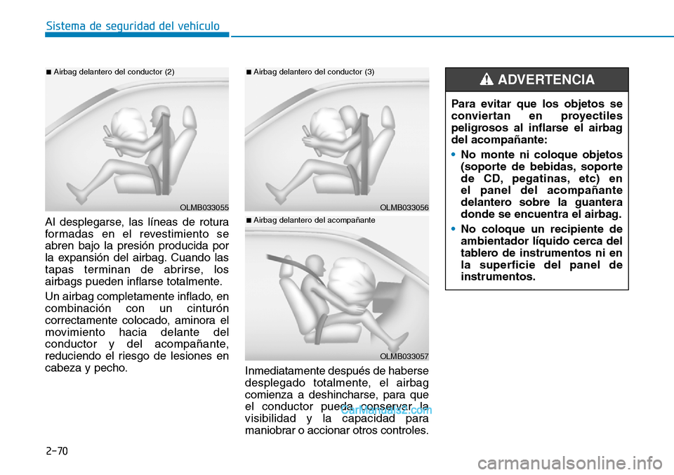 Hyundai Santa Fe 2019  Manual del propietario (in Spanish) 2-70
Sistema de seguridad del vehículo
Al desplegarse, las líneas de rotura
formadas en el revestimiento se
abren bajo la presión producida por
la expansión del airbag. Cuando las
tapas terminan d